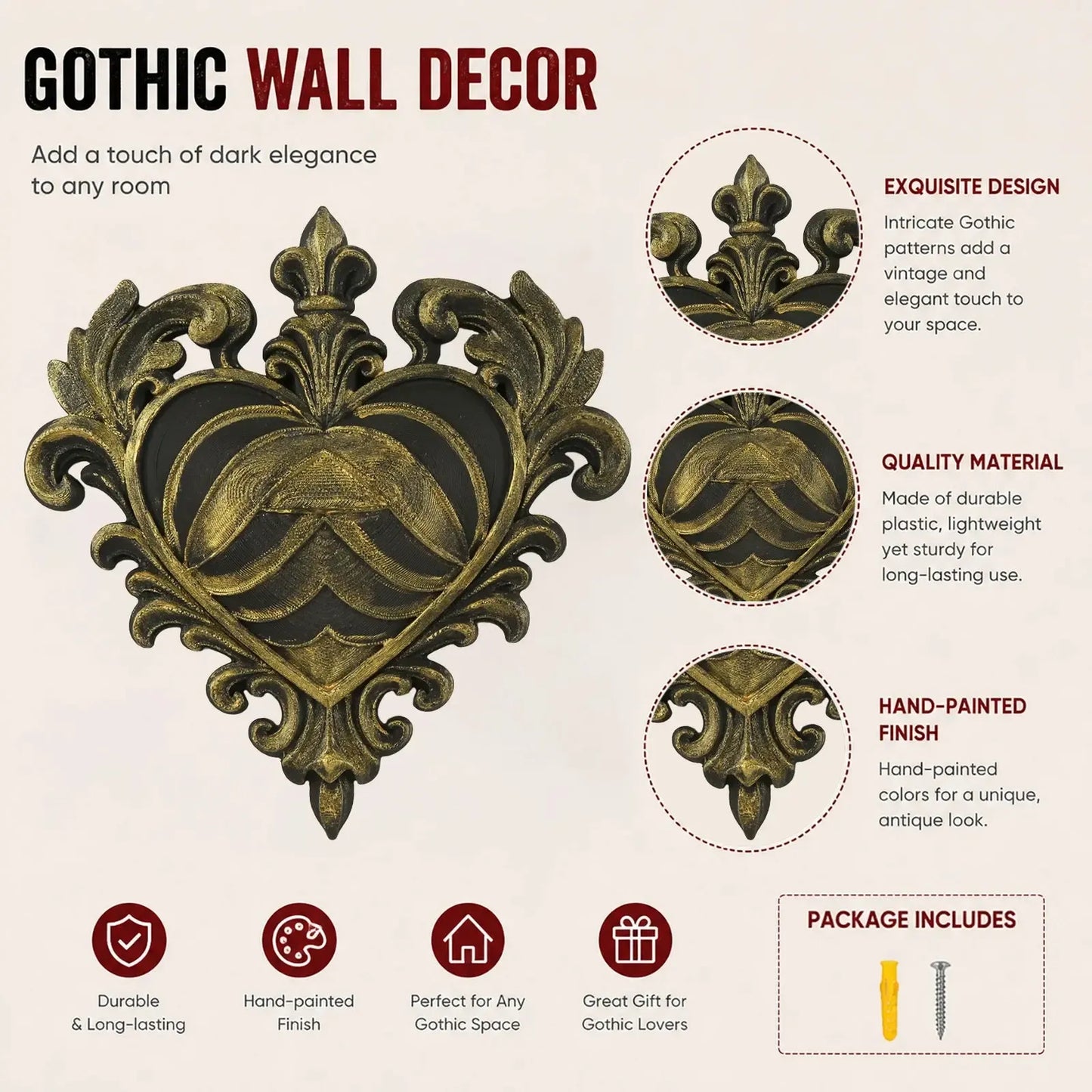 Baroque Heart Scroll Wall Plaque Gothic Resin Wall Hanging Decor-MoonChildWorld