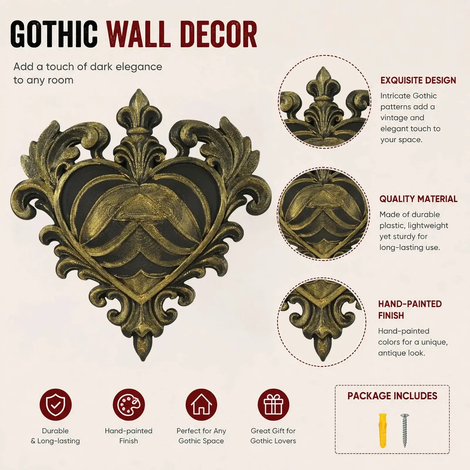 Baroque Heart Scroll Wall Plaque Gothic Resin Wall Hanging Decor-MoonChildWorld