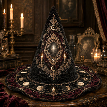 Baroque Mirror Witch Hat – Divination Candle Occult Wide Brim Hat – on an altar table