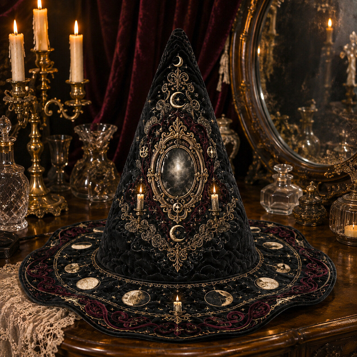 Baroque Mirror Witch Hat – Divination Candle Occult Wide Brim Hat – styled with candles and crystals