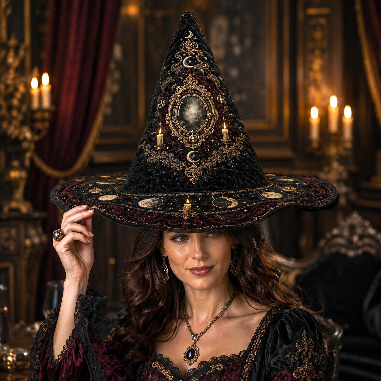 Baroque Mirror Witch Hat – Divination Candle Occult Wide Brim Hat – worn, front view