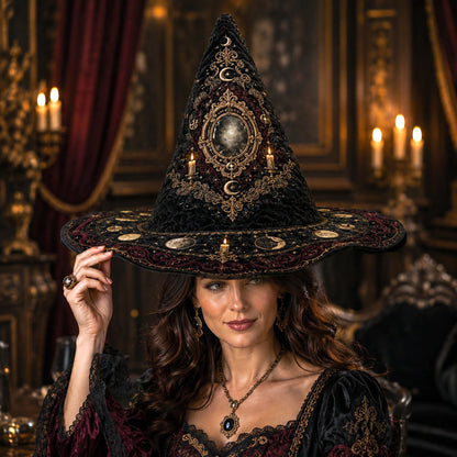 Baroque Mirror Witch Hat – Divination Candle Occult Wide Brim Hat – worn, front view