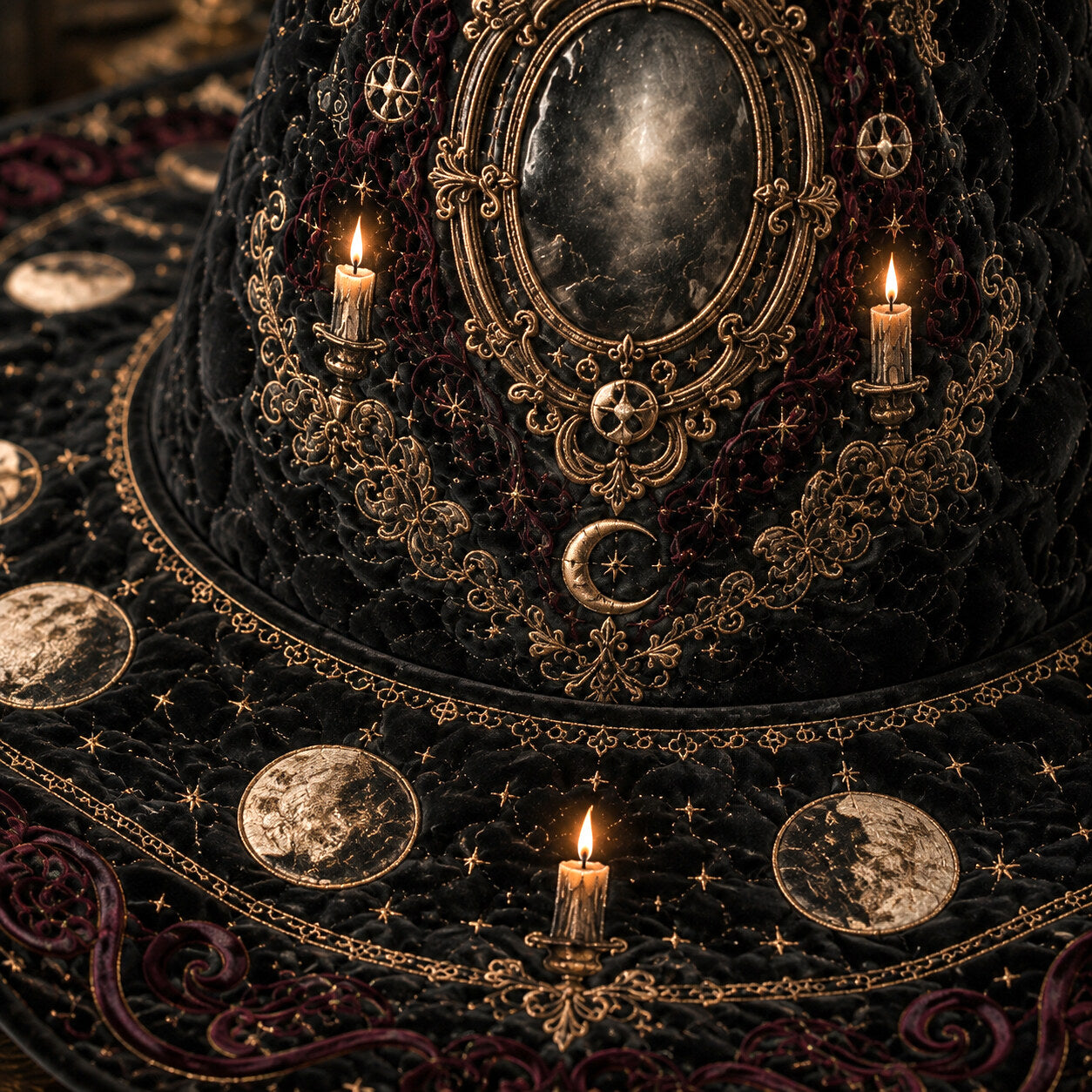 Baroque Mirror Witch Hat – Divination Candle Occult Wide Brim Hat – quilting and print detail