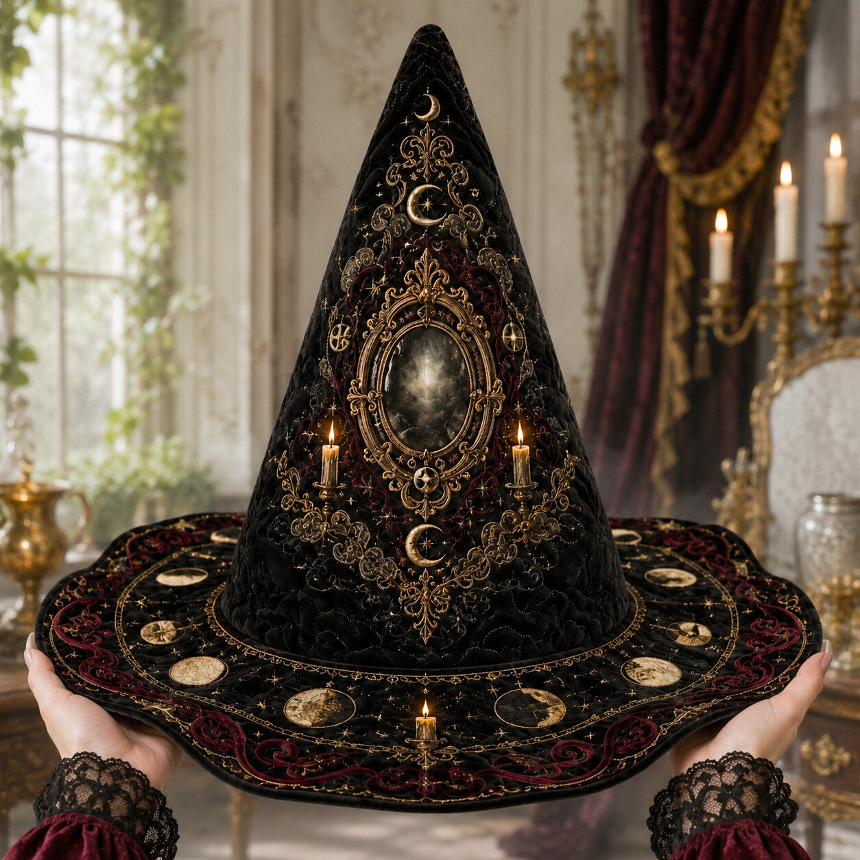 Baroque Mirror Witch Hat – Divination Candle Occult Wide Brim Hat – held in both hands