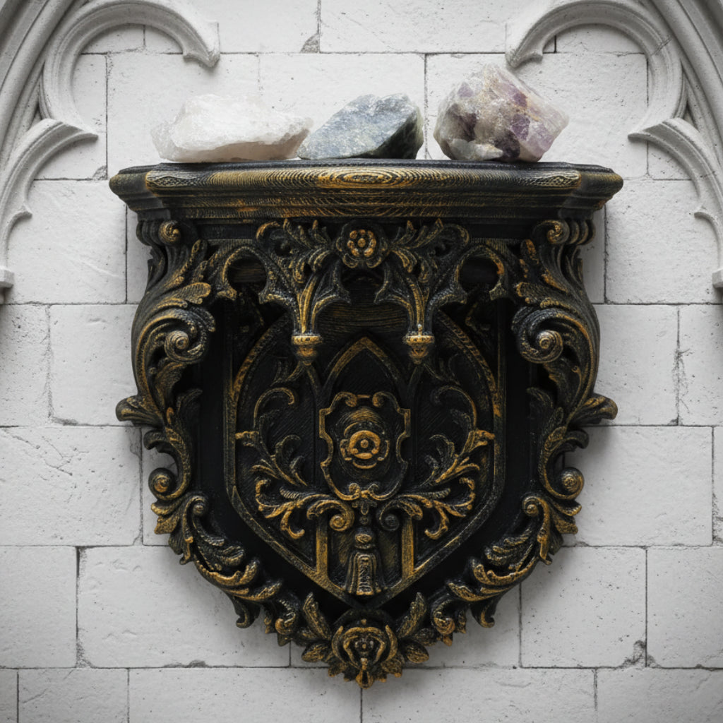 Shield wall shelf – heraldic carved crest detail close-up
