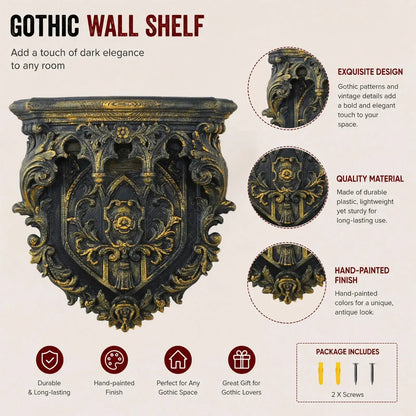 Gothic shield shelf – wall mounted display side view