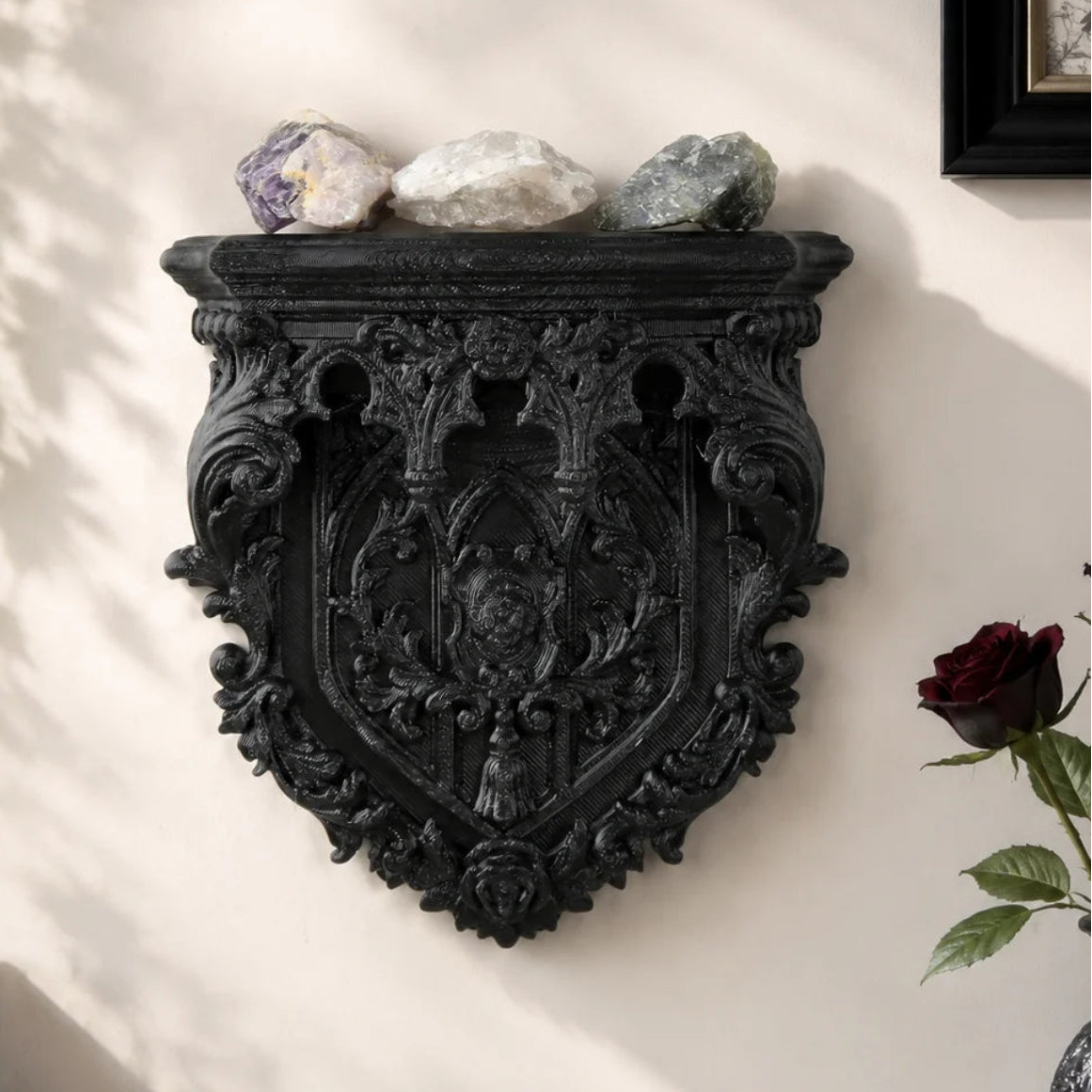 Baroque shield carved wall shelf – gothic crystal display rack, front view