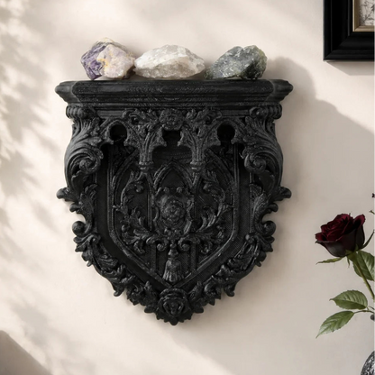 Baroque shield carved wall shelf – gothic crystal display rack, front view