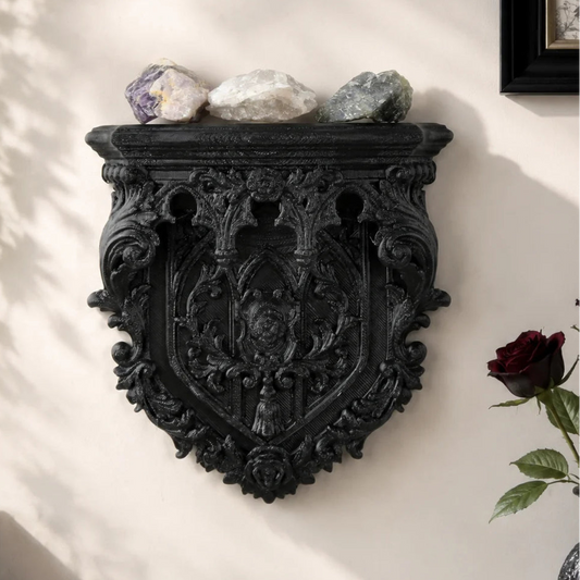 Baroque shield carved wall shelf – gothic crystal display rack, front view