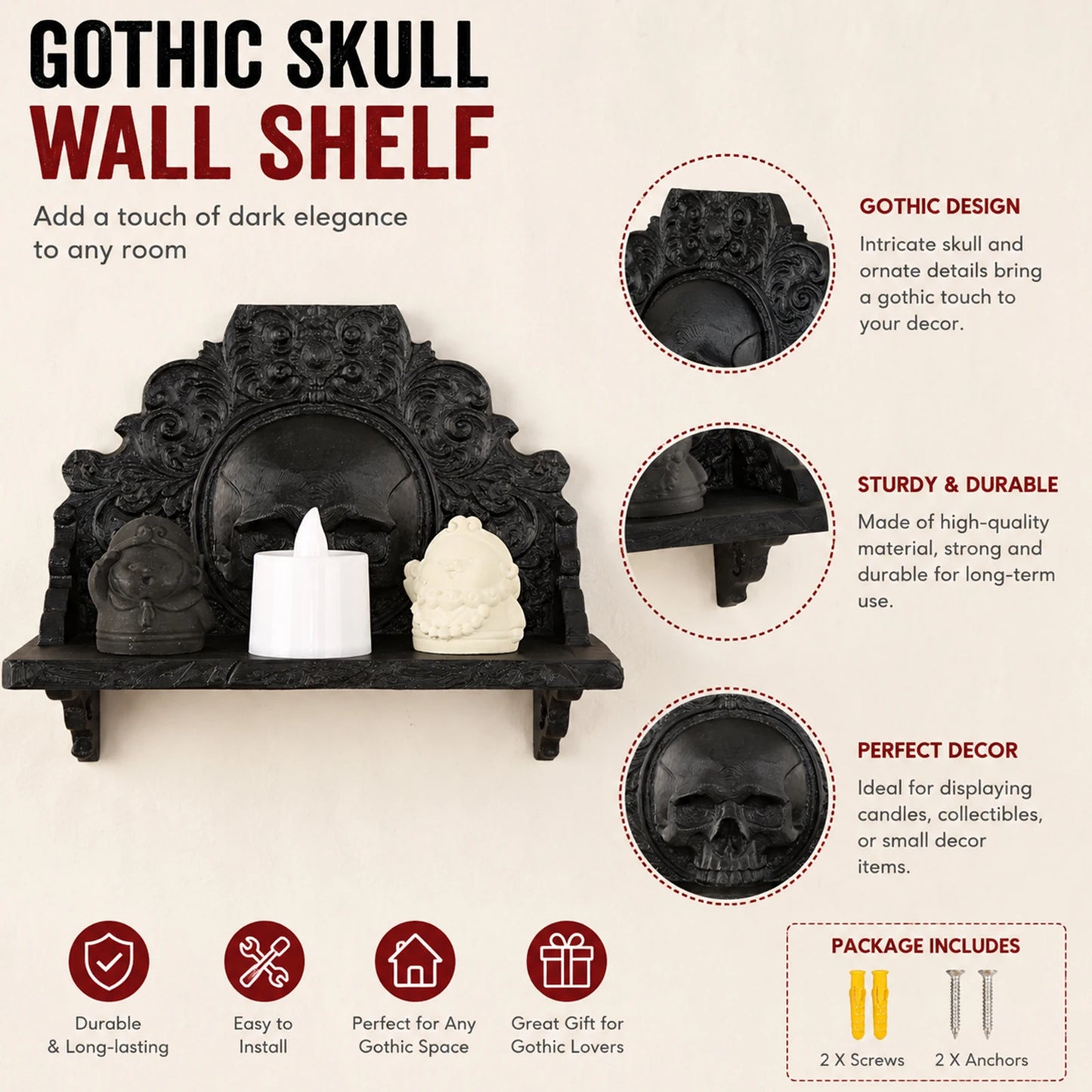 Gothic baroque skull shelf – wall mounted display side view