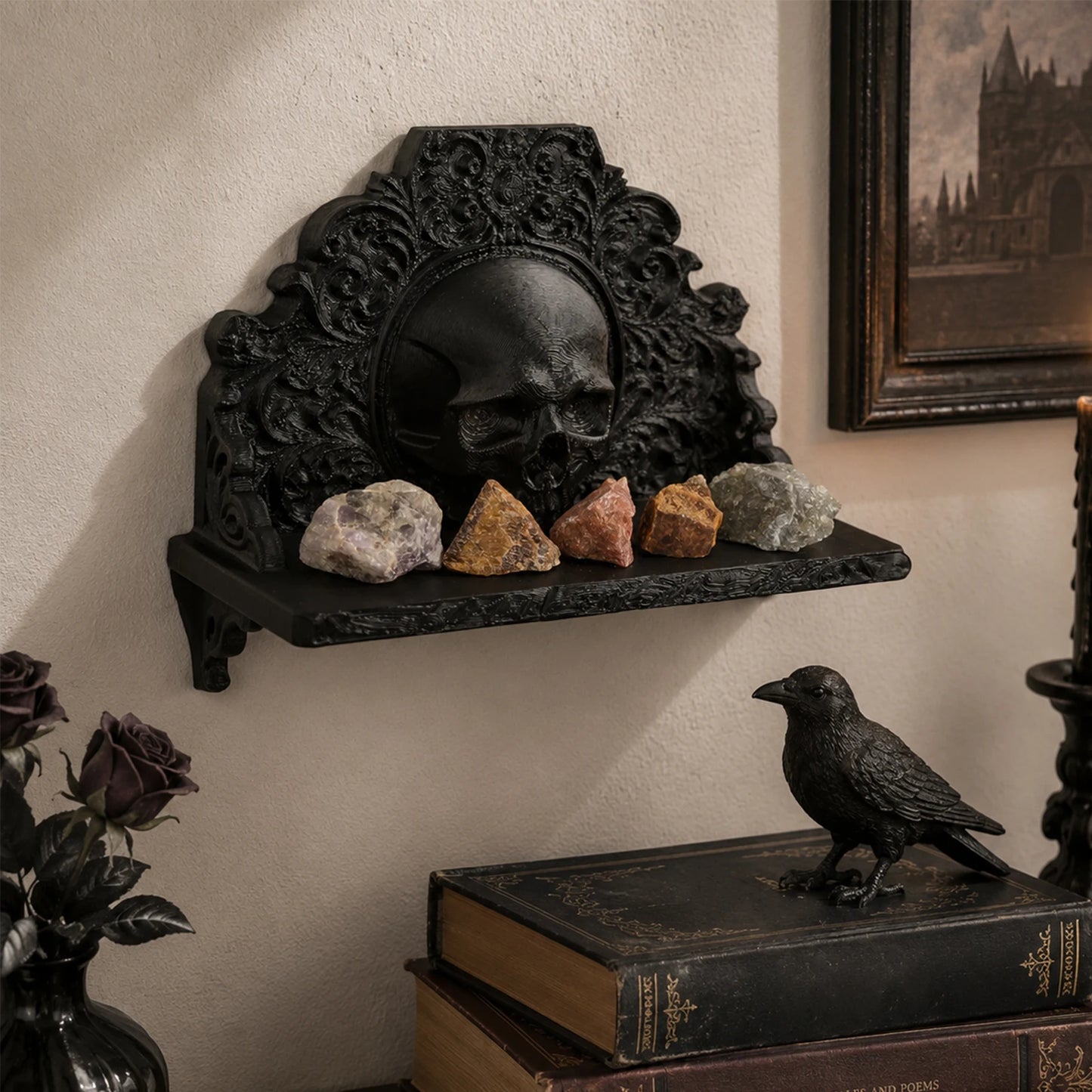 Baroque skull carved wall shelf – gothic floating crystal display rack, front view