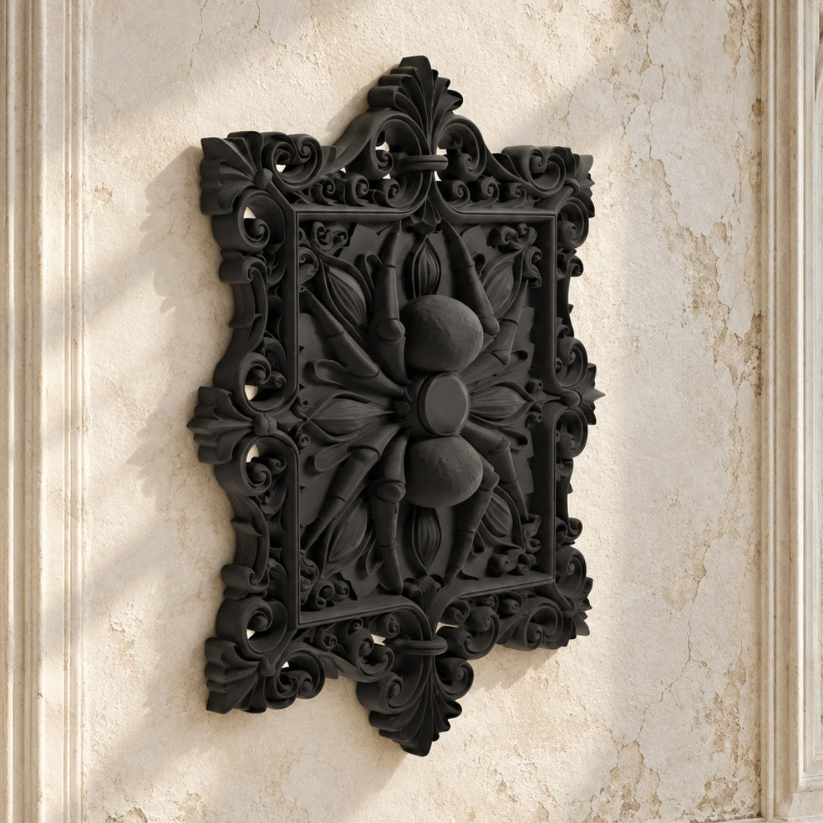 Baroque Spider Filigree Square Wall Art Plaque on a bright vintage gothic wall, angled detail view.