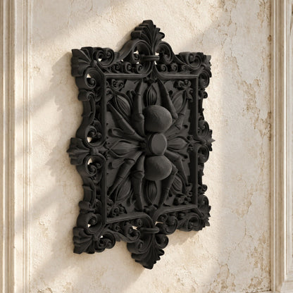 Baroque Spider Filigree Square Wall Art Plaque on a bright vintage gothic wall, angled detail view.