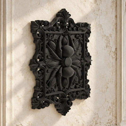 Baroque Spider Filigree Square Wall Art Plaque on a bright vintage gothic wall, angled detail view.