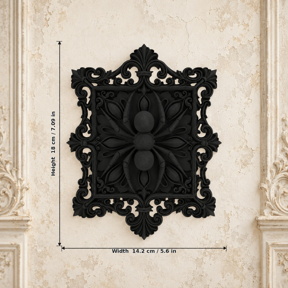 Baroque Spider Filigree Square Wall Art Plaque on a bright vintage gothic wall, size reference.