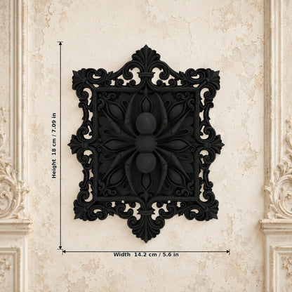 Baroque Spider Filigree Square Wall Art Plaque on a bright vintage gothic wall, size reference.