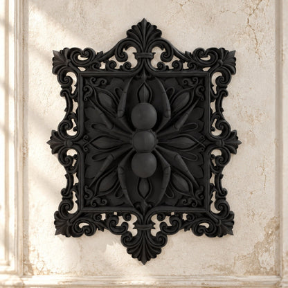 Baroque Spider Filigree Square Wall Art Plaque on a bright vintage gothic wall, front view.