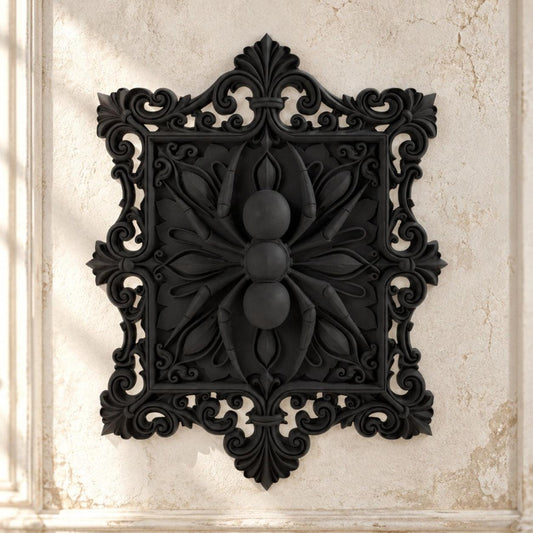 Baroque Spider Filigree Square Wall Art Plaque on a bright vintage gothic wall, front view.