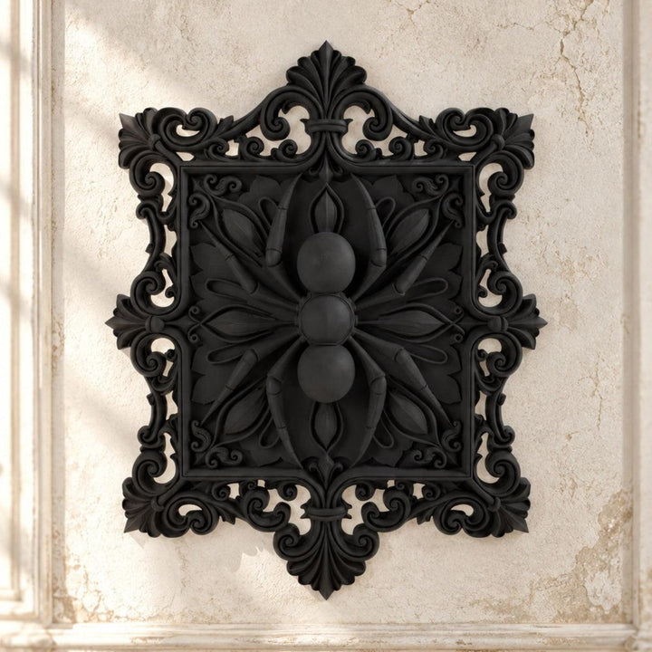 Baroque Spider Filigree Square Wall Art Plaque on a bright vintage gothic wall, front view.