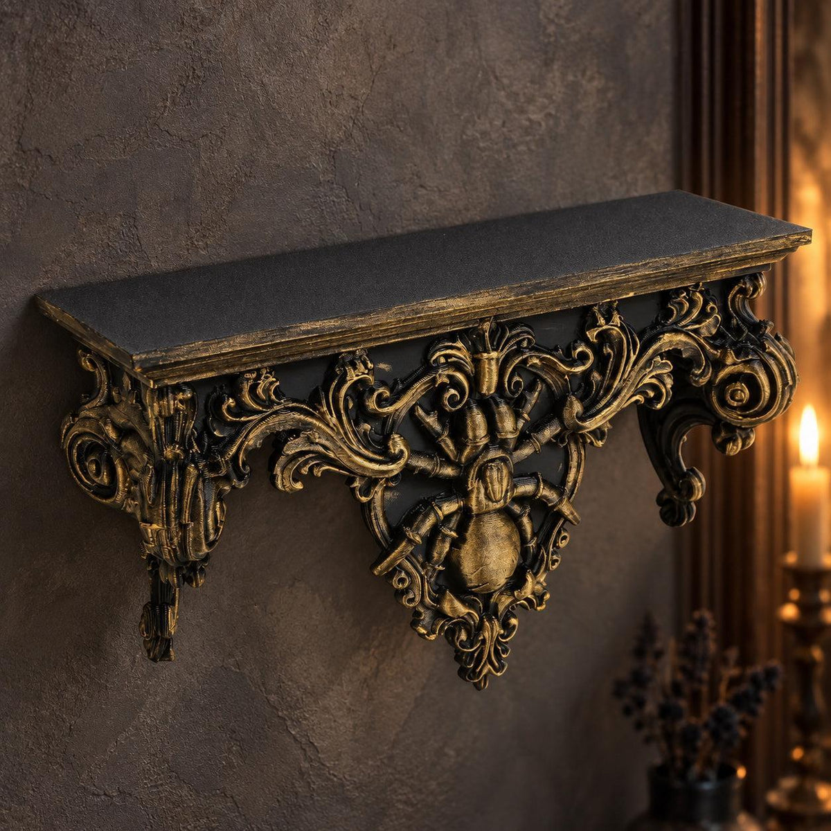 Top angled view of spider wall shelf showing gold scrollwork and flat ledge