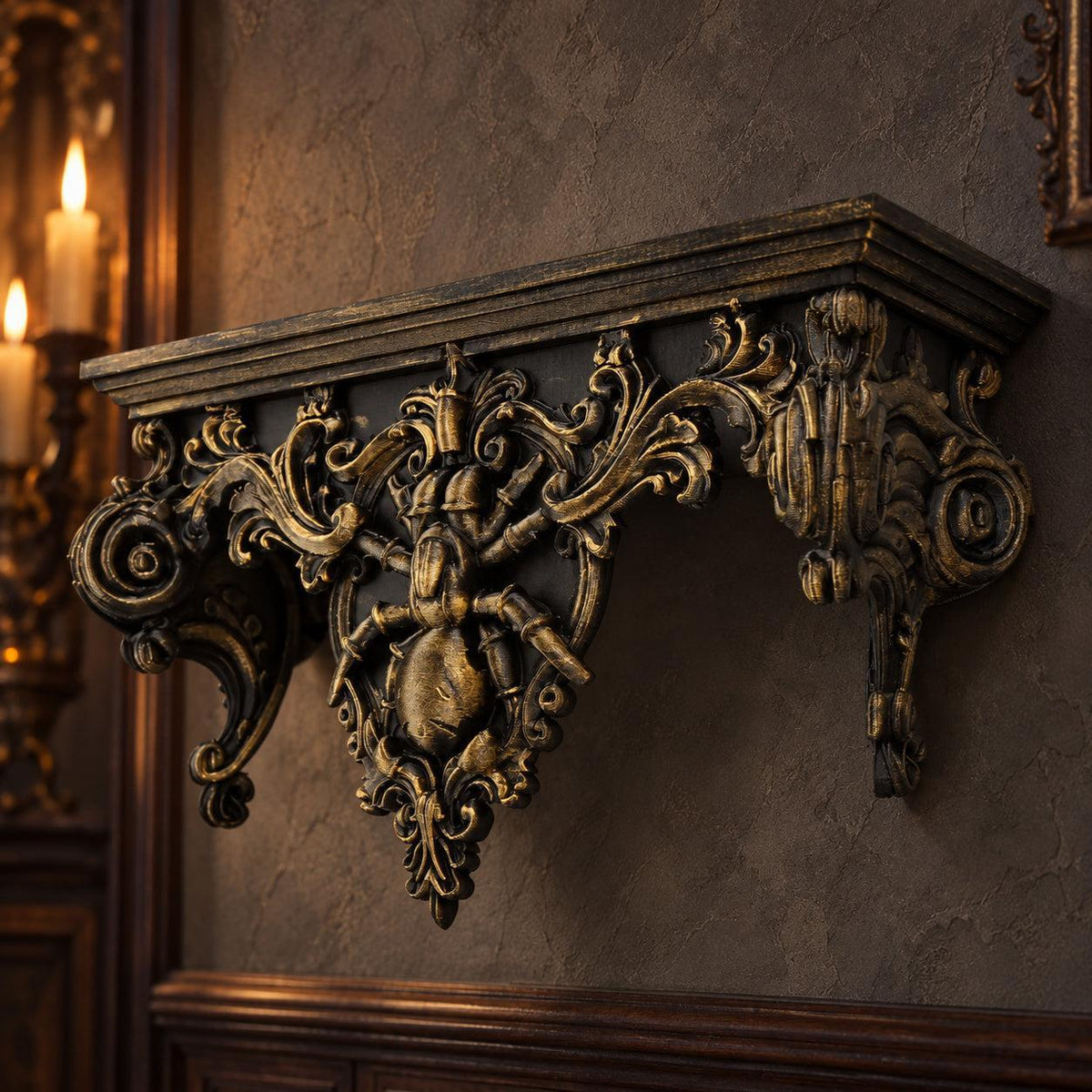 Low side view of spider shelf showing raised spider and ornate brackets