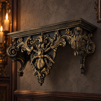Low side view of spider shelf showing raised spider and ornate brackets