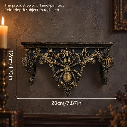 Spider wall shelf size guide showing 20 cm width and 12 cm height against a gothic wall