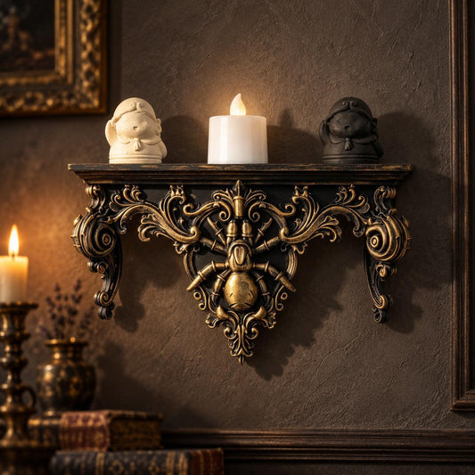Baroque spider wall shelf displayed against gothic plaster with soft candlelight