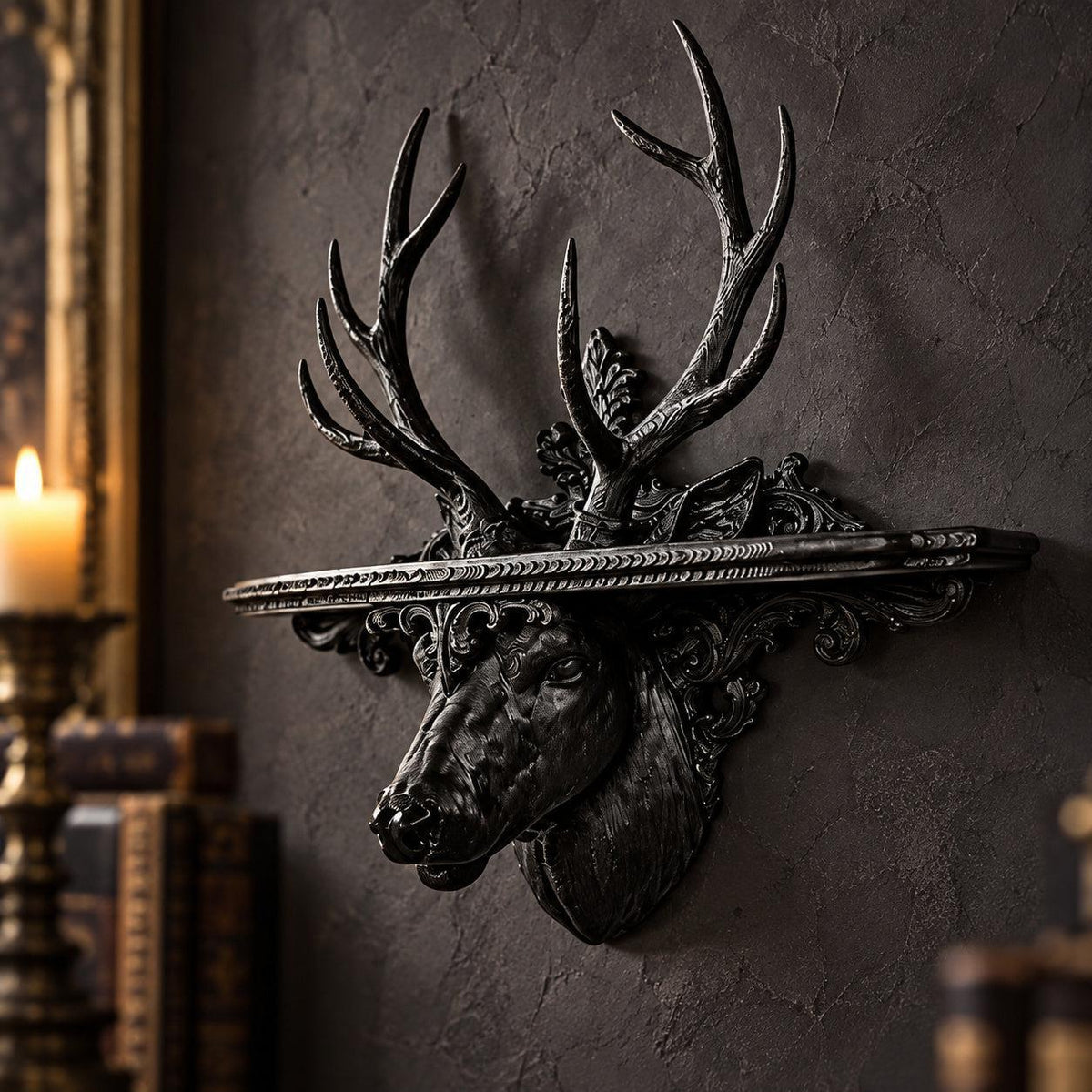 Angled stag head wall shelf beside blurred books and candlelight in a gothic study