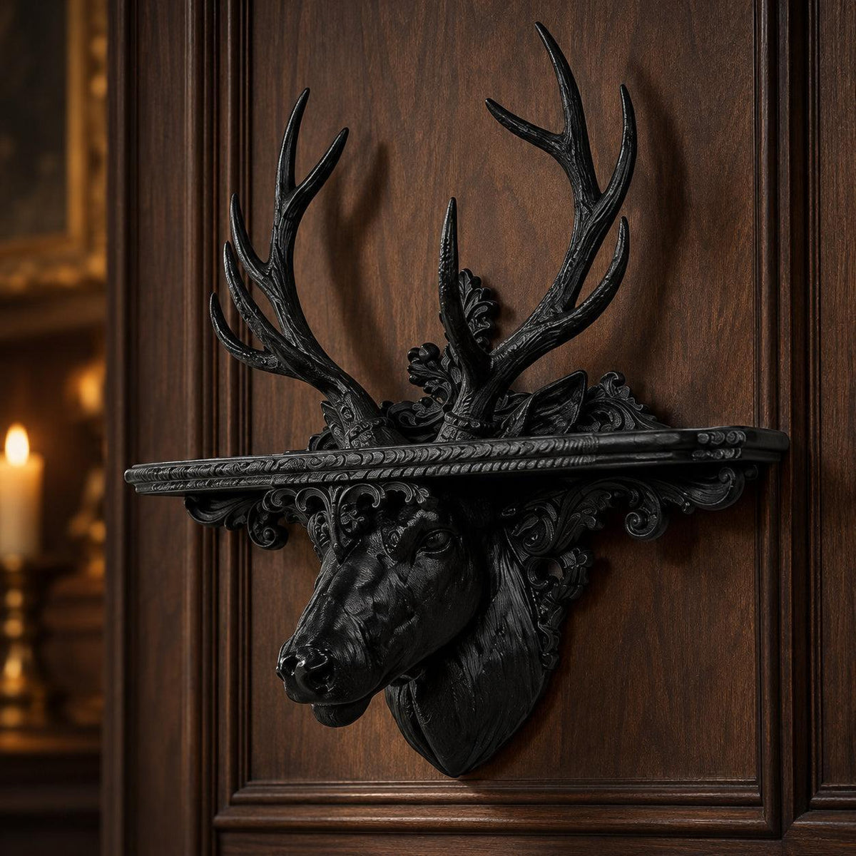Black stag head shelf mounted against dark walnut paneling with soft side lighting