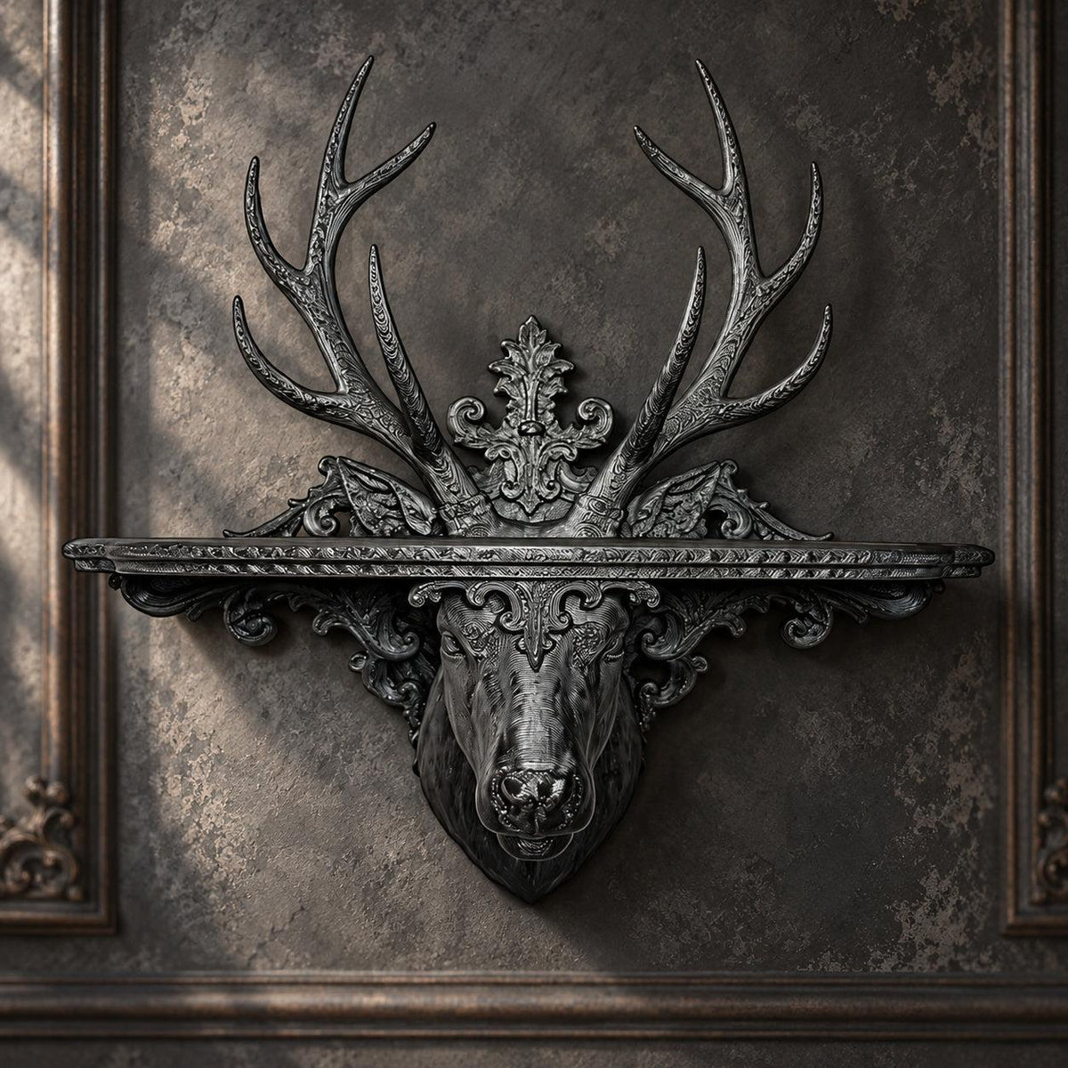 Front view of baroque stag shelf showing symmetrical antlers and carved scrollwork on a gothic wall