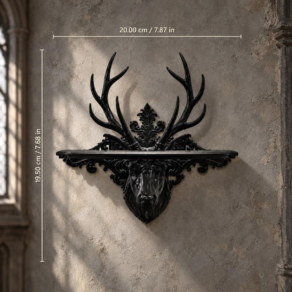 Stag wall shelf size diagram on a gothic wall showing 20 cm width and 19.5 cm height
