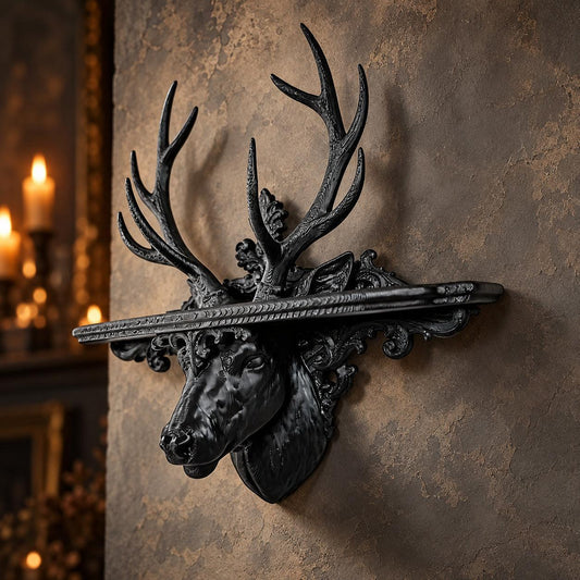 Side view of black stag shelf showing projecting head and ledge with natural wall shadows