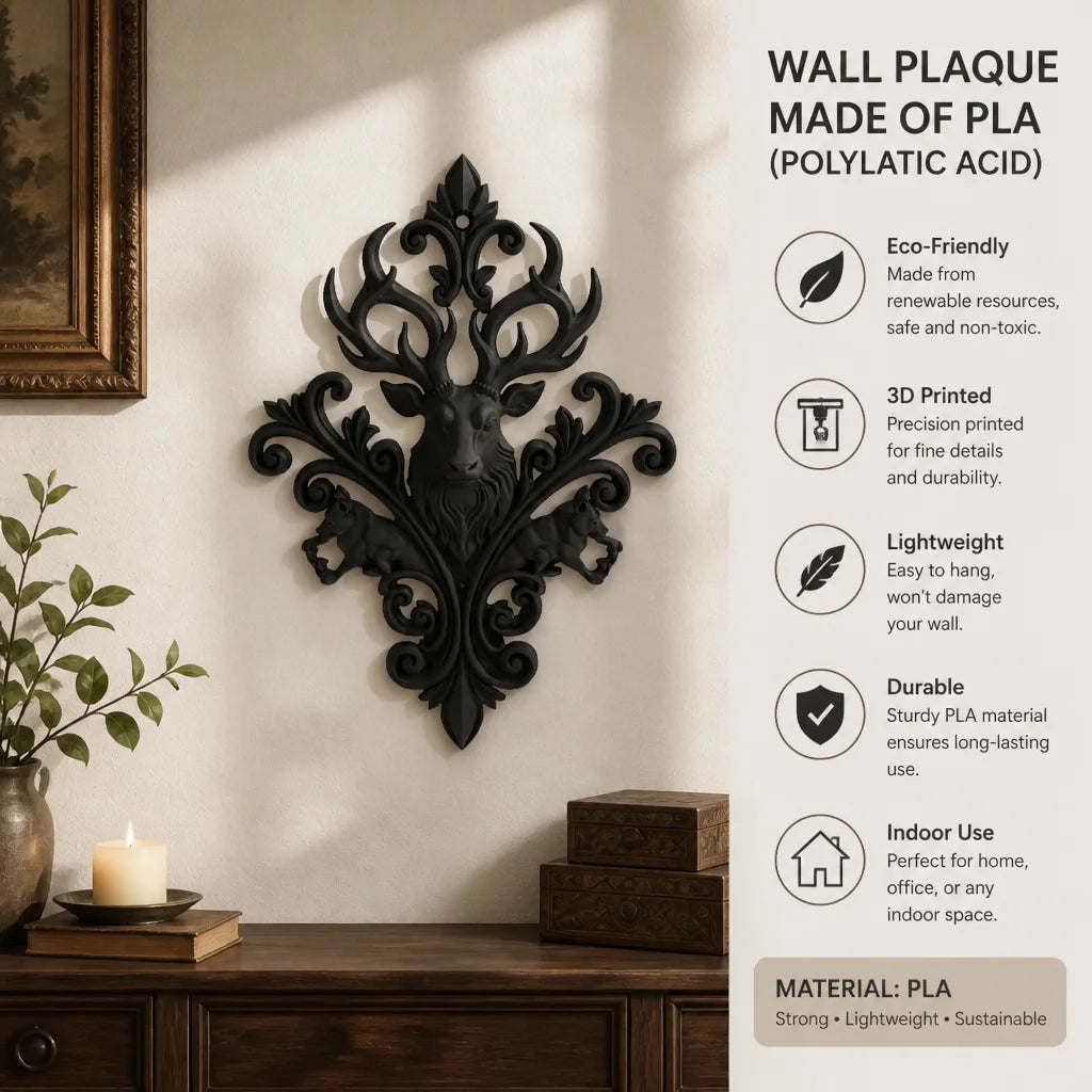 Stag and wolf wall art hung in a dark academia study