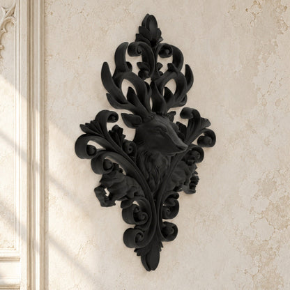 Baroque Stag & Wolf Ornate Wall Plaque on a bright vintage gothic wall, angled detail view.