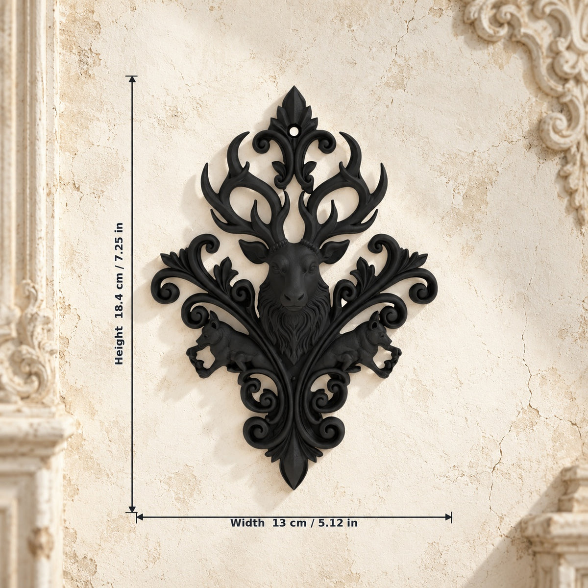 Baroque Stag & Wolf Ornate Wall Plaque on a bright vintage gothic wall, size reference.
