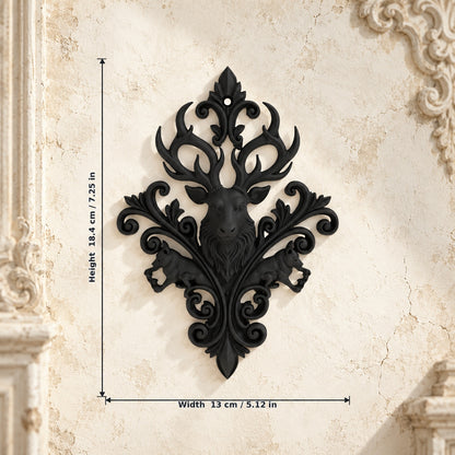 Baroque Stag & Wolf Ornate Wall Plaque on a bright vintage gothic wall, size reference.