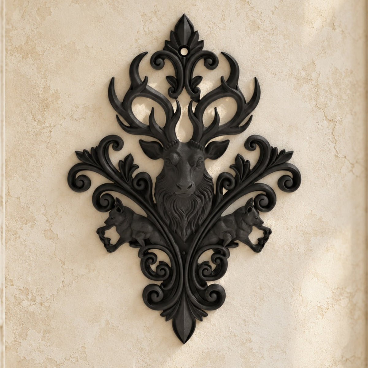 Baroque Stag & Wolf Ornate Wall Plaque on a bright vintage gothic wall, front view.