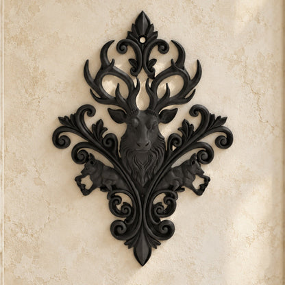 Baroque Stag & Wolf Ornate Wall Plaque on a bright vintage gothic wall, front view.