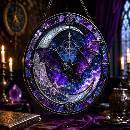 Bat Crescent Moon Glass Suncatcher - close up detail