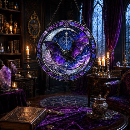 Bat Crescent Moon Glass Suncatcher - sunlight glow