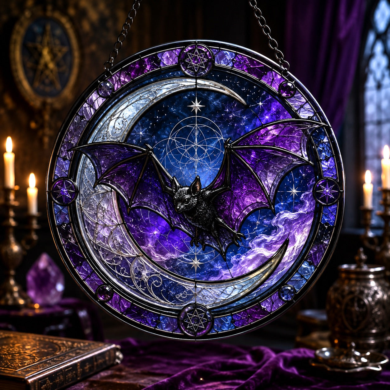 Bat Crescent Moon Glass Suncatcher - window display