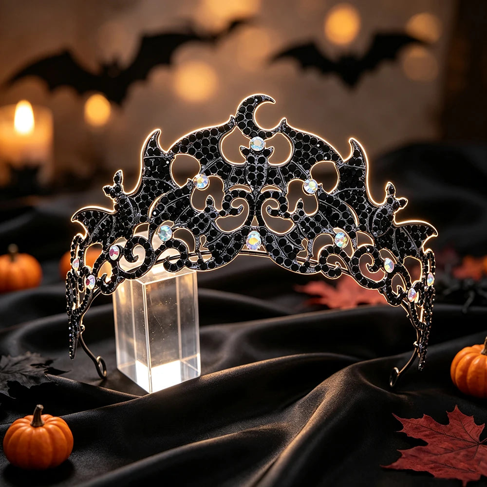 Bat Crescent Moon Tiara Crown Gothic Witch Metal Headband-MoonChildWorld