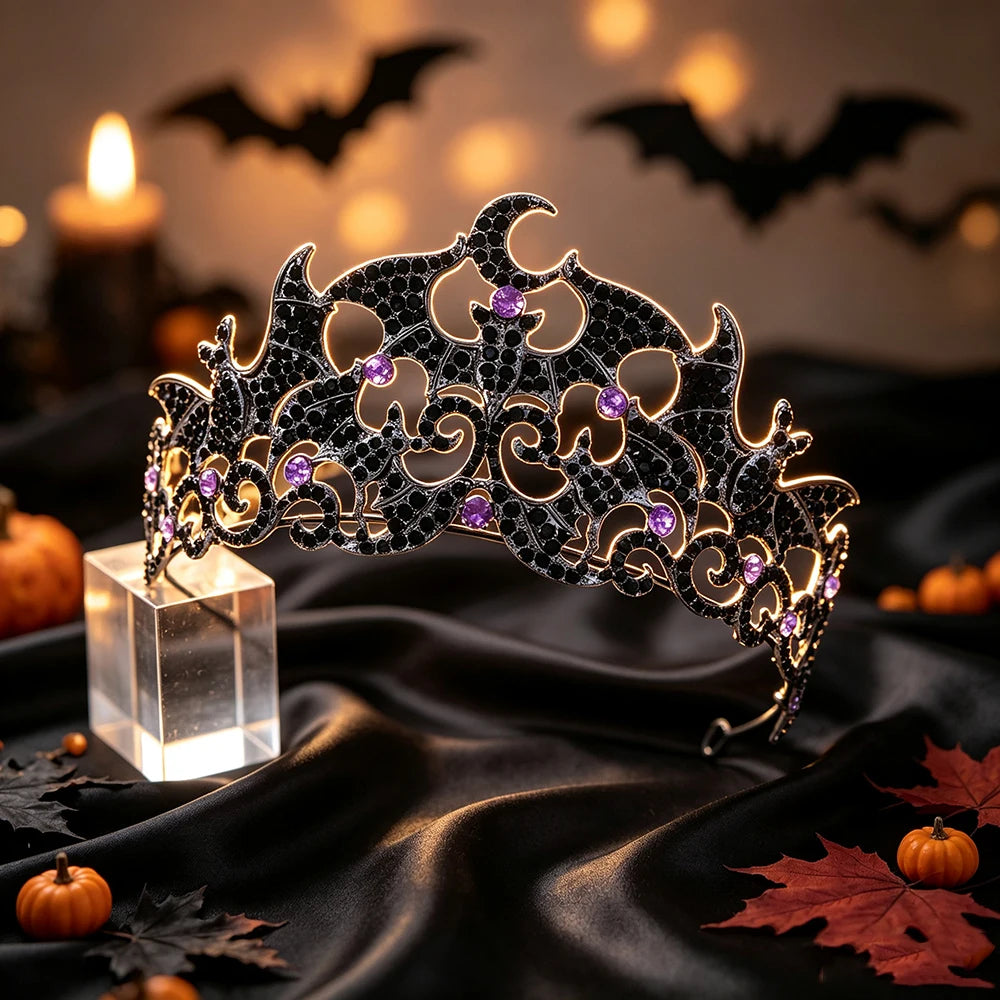 Bat Crescent Moon Tiara Crown Gothic Witch Metal Headband-MoonChildWorld