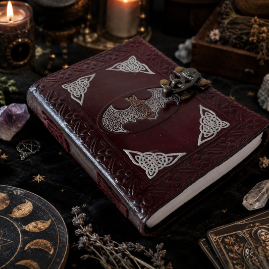 Bat embossed leather journal – handmade witch grimoire, unlined cotton pages, bat design, view 2