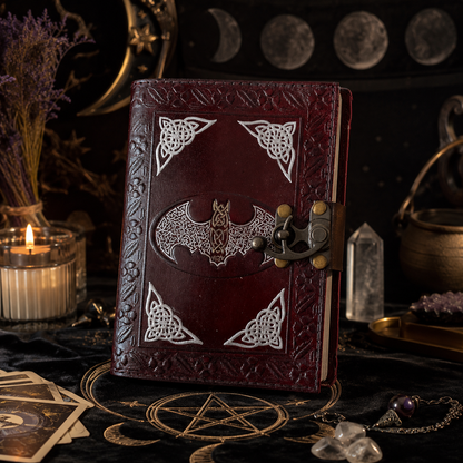 Bat embossed leather journal – handmade witch grimoire, unlined cotton pages, bat design, view 3