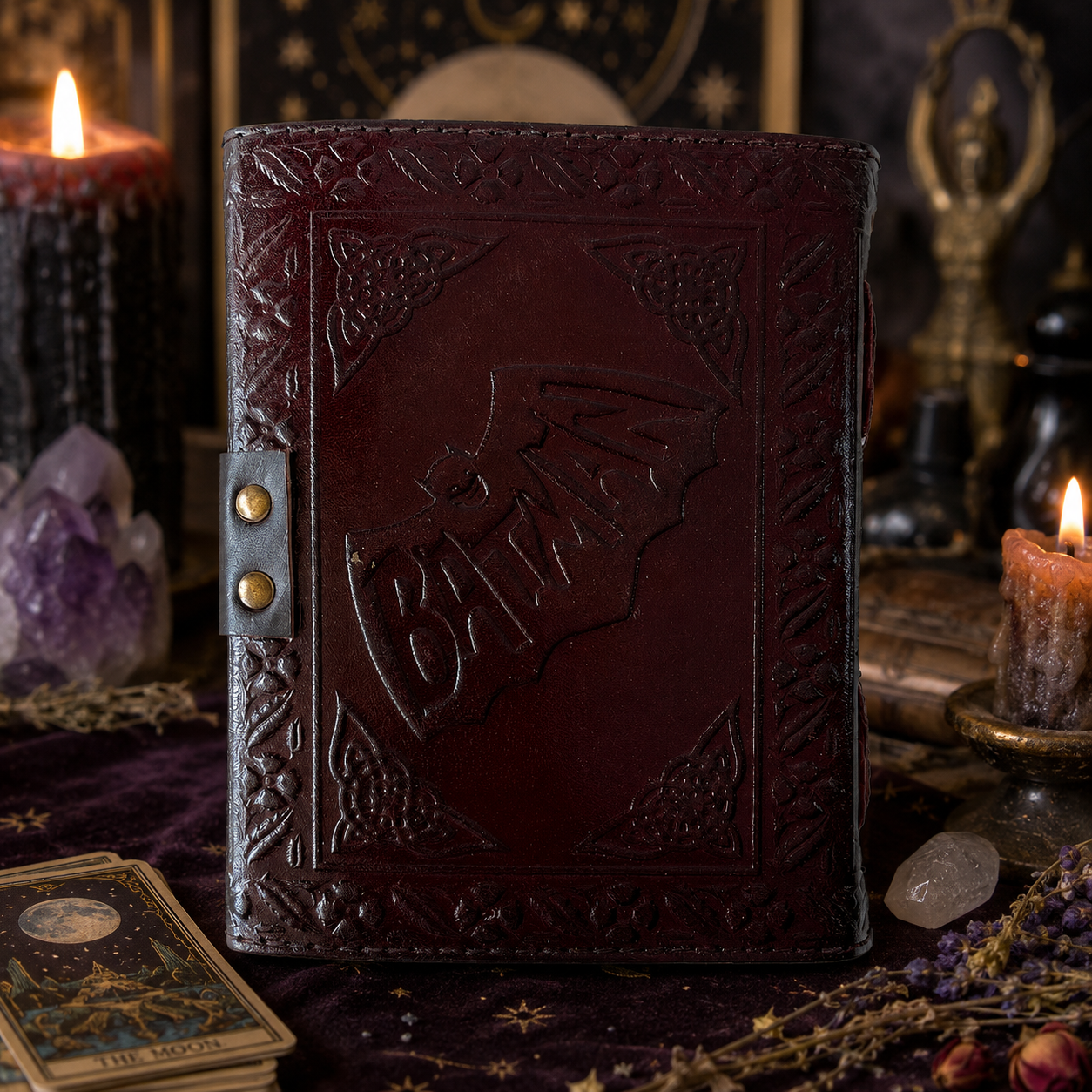 Bat embossed leather journal – handmade witch grimoire, unlined cotton pages, bat design, view 4