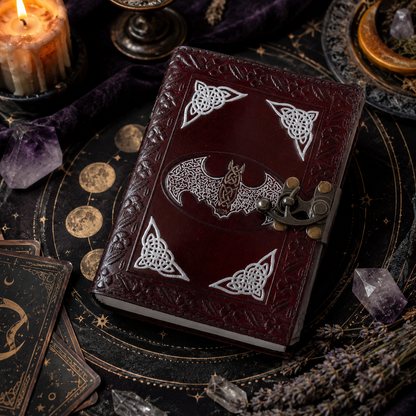 Bat embossed leather journal – handmade witch grimoire, unlined cotton pages, bat design, view 5