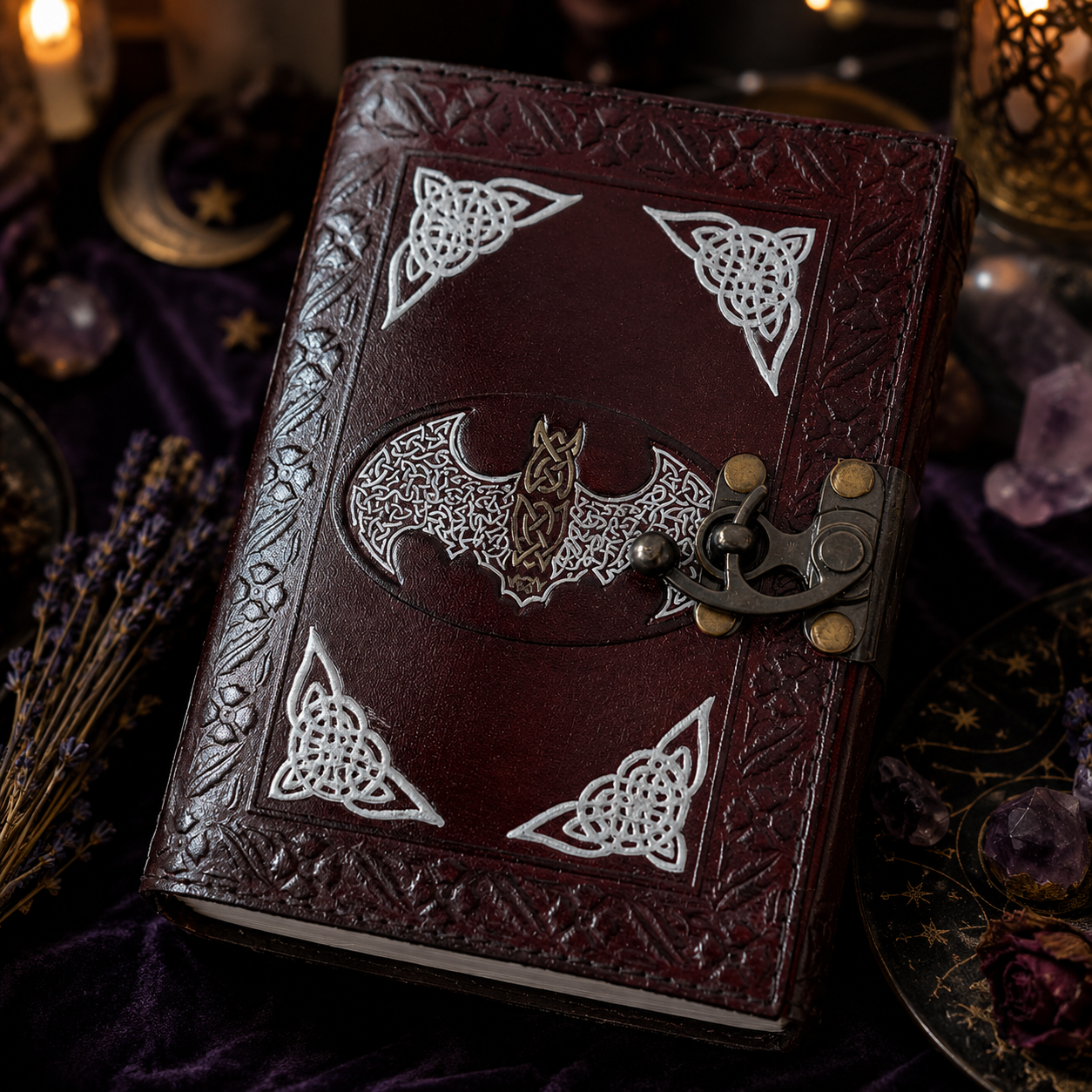 Bat embossed leather journal – handmade witch grimoire, unlined cotton pages, bat design, view 1