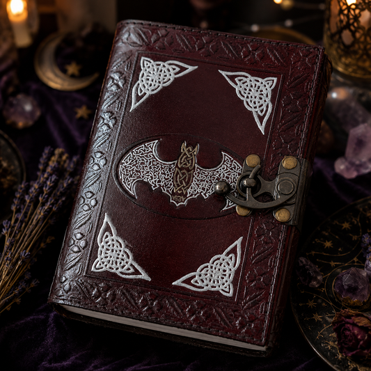 Bat embossed leather journal – handmade witch grimoire, unlined cotton pages, bat design, view 1